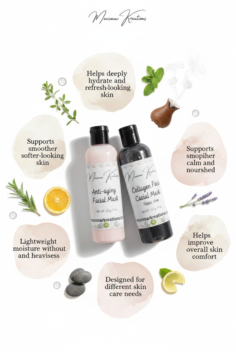 Monimar Kreations anti-aging facial mask in a pink bottle and collagen facial mask in a black bottle.