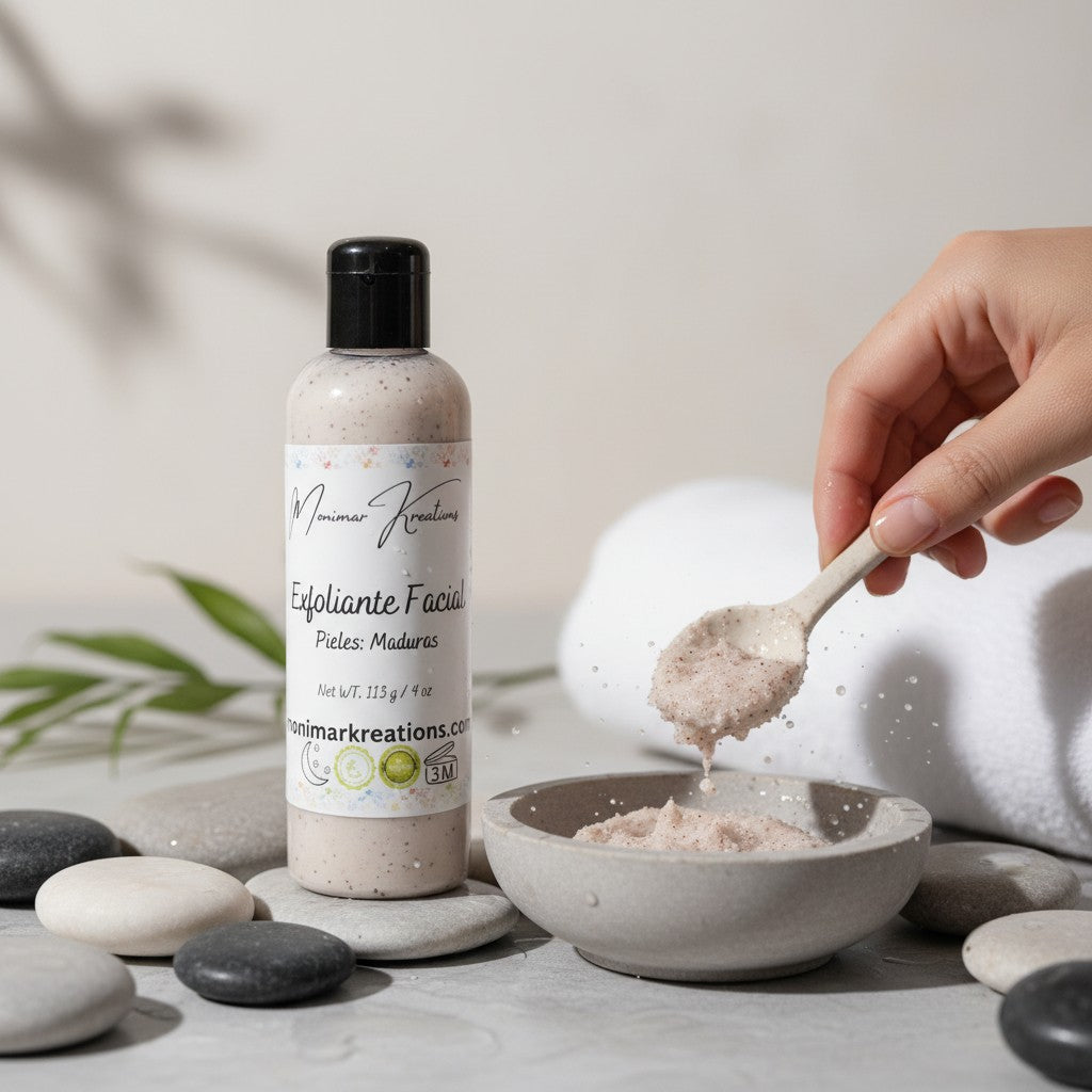 monimarkreations exfoliating facial scrub for mature skin, creamy texture with visible natural exfoliants.