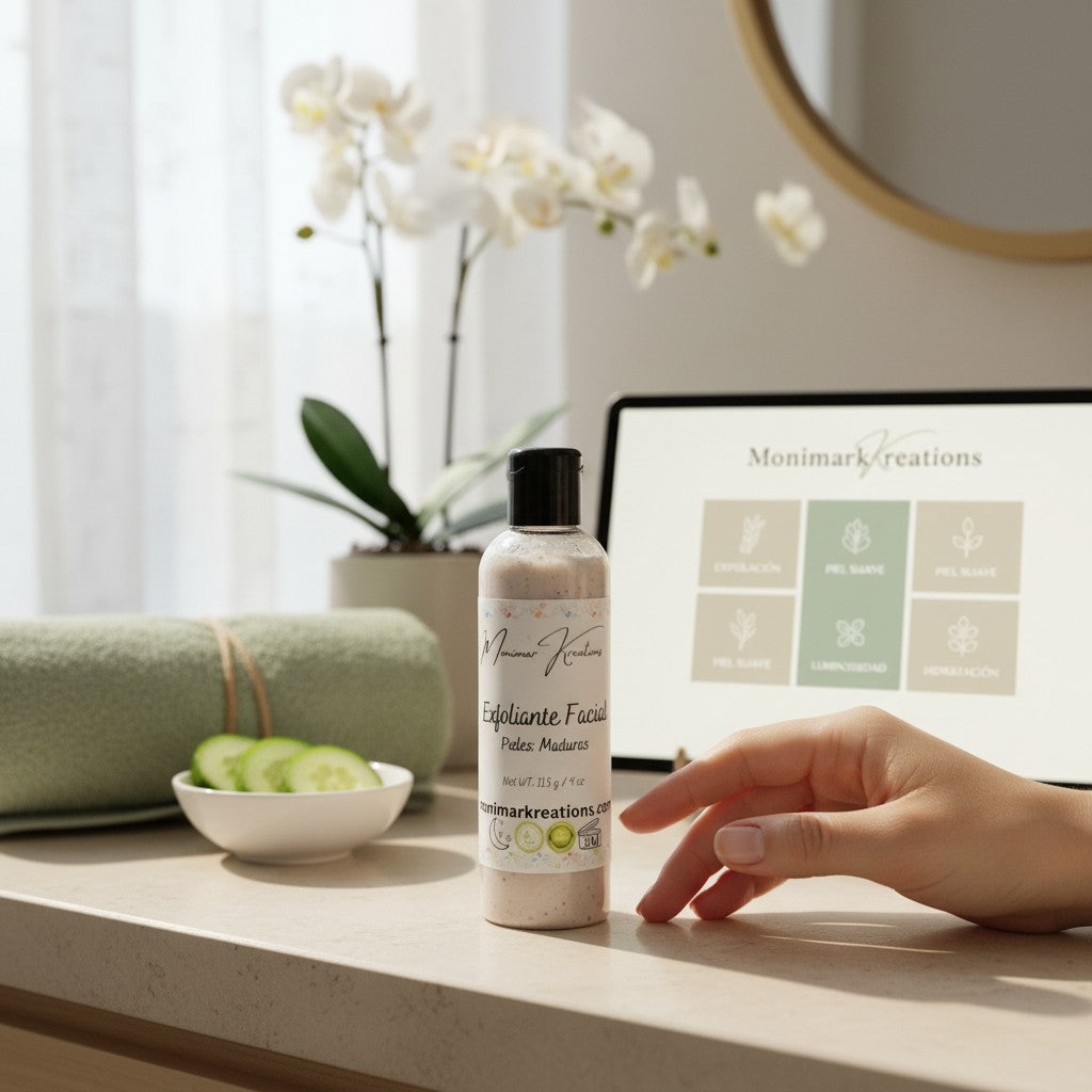 monimarkreations facial scrub for mature skin, creamy texture with visible exfoliating particles, 4 oz bottle.