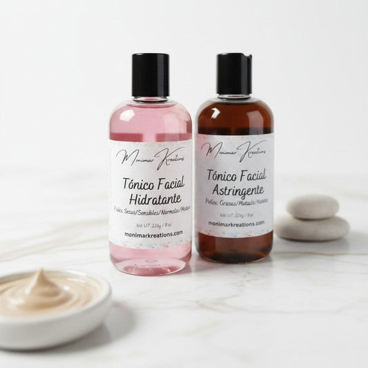 monimarkreations facial toners, one pink and one brown, in clear bottles with black caps.