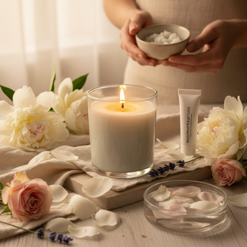 monimarkreations Floral Joy natural soy wax candle in a clear glass jar with a light floral fragrance.