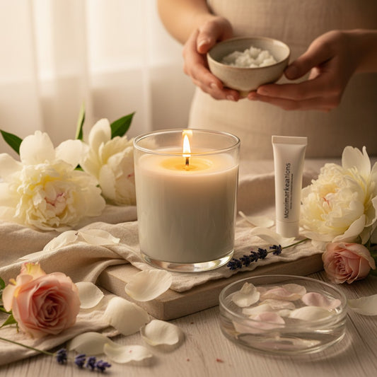 monimarkreations Floral Joy natural soy wax candle in a clear glass jar with a light floral fragrance.