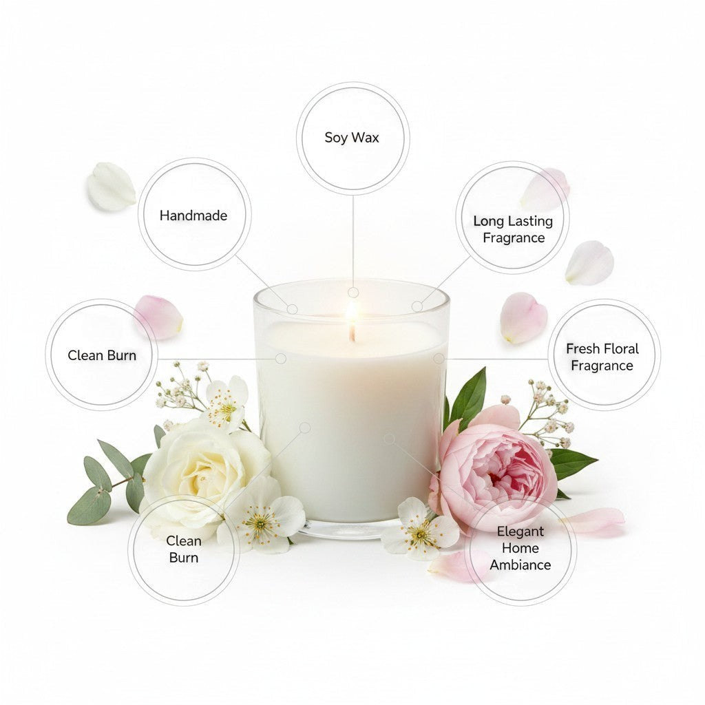 monimarkreations Floral Joy 9 oz soy wax candle in a clear glass jar with a light floral fragrance.
