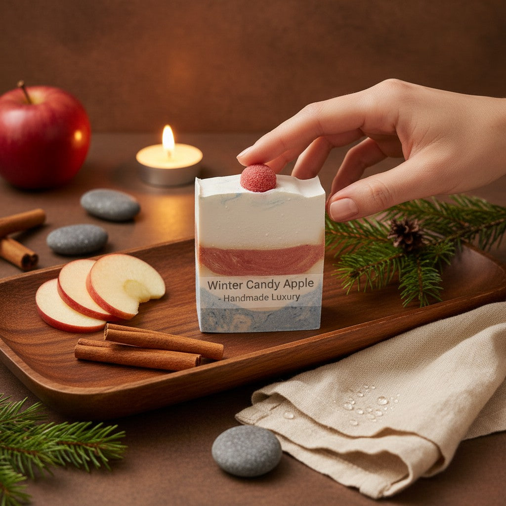 monimarkreations Frosted Apple Bliss Bar soap with white, red, and blue layers, topped with a red sphere.