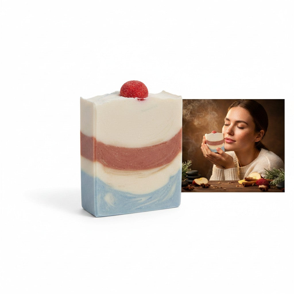 monimarkreations Frosted Apple Bliss Bar soap with white, red, and blue layers, topped with a red sphere.