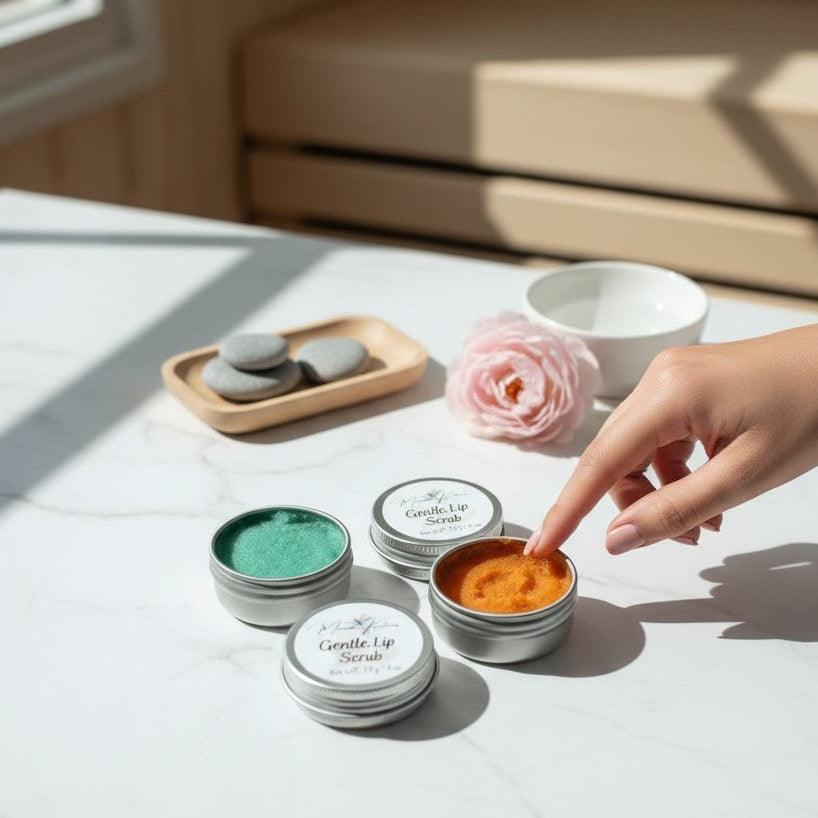 Monimar Kreations Gentle Lip Scrub in teal and orange, made with sugar, rice, shea butter, and vitamin E.