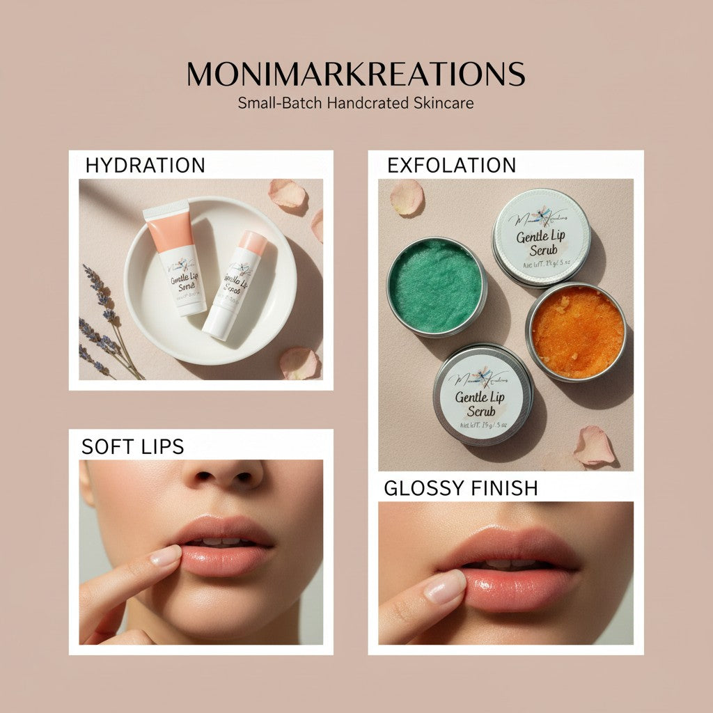 monimarkreations Gentle Lip Scrub in teal and orange, in small metal tins. Perfect for lip care.