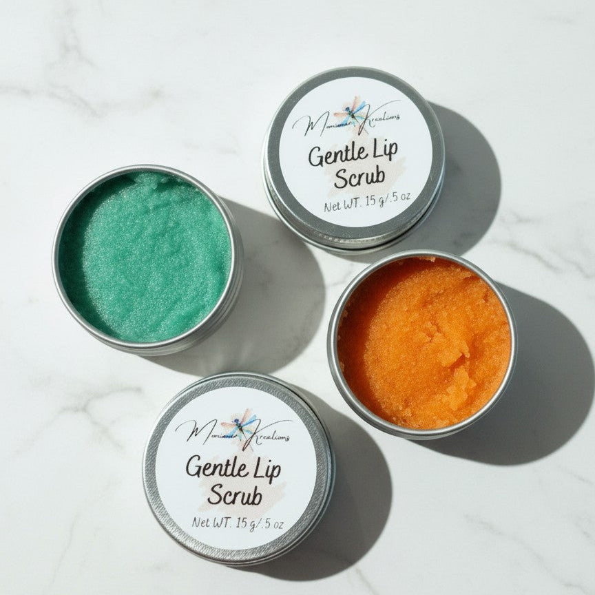 Monimar Kreations Gentle Lip Scrub in teal and orange, made with sugar, rice, shea butter, and vitamin E.