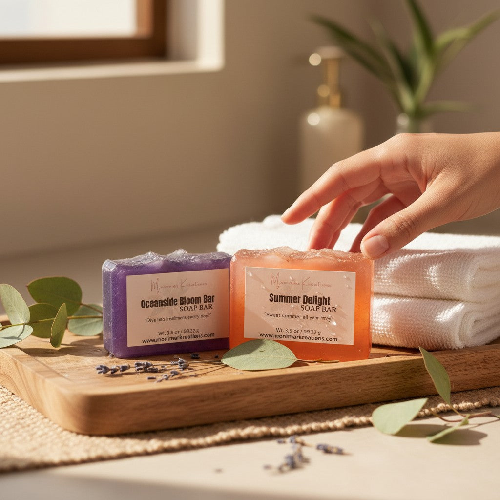 monimarkreations Glycerin Soap Bar in Oceanside Bloom and Summer Delight scents. Gentle cleansing, rich lather, soft skin.