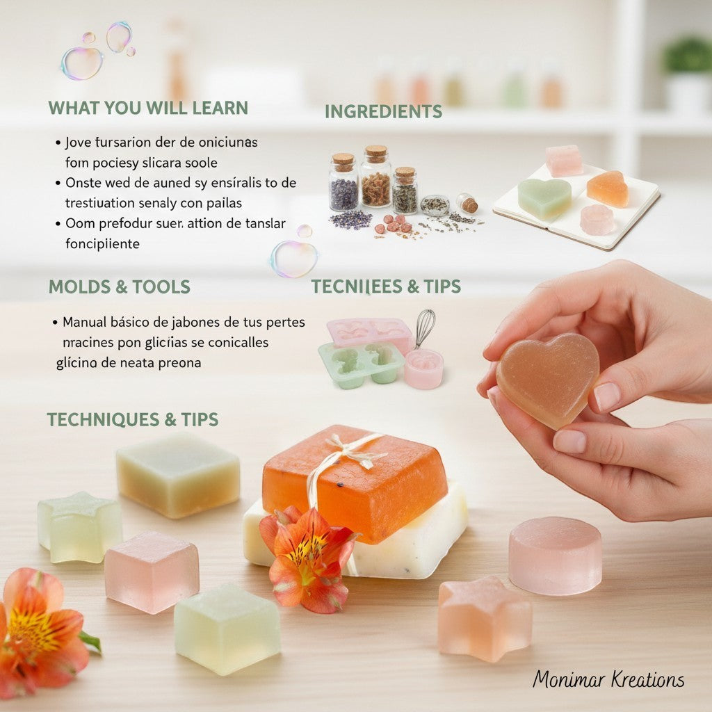 Monimar Kreations Basic Glycerin Soap Course digital guide cover with two bars of handmade soap and a flower.