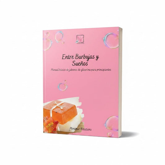 Monimar Kreations Basic Glycerin Soap Course digital guide cover with orange and white soaps, flowers, and bubbles.