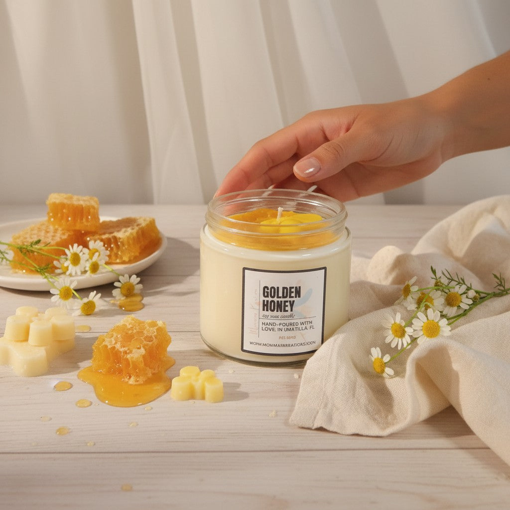 Monimar Kreations Golden Honey soy wax candle with honeycomb and bee design, 10 oz jar.