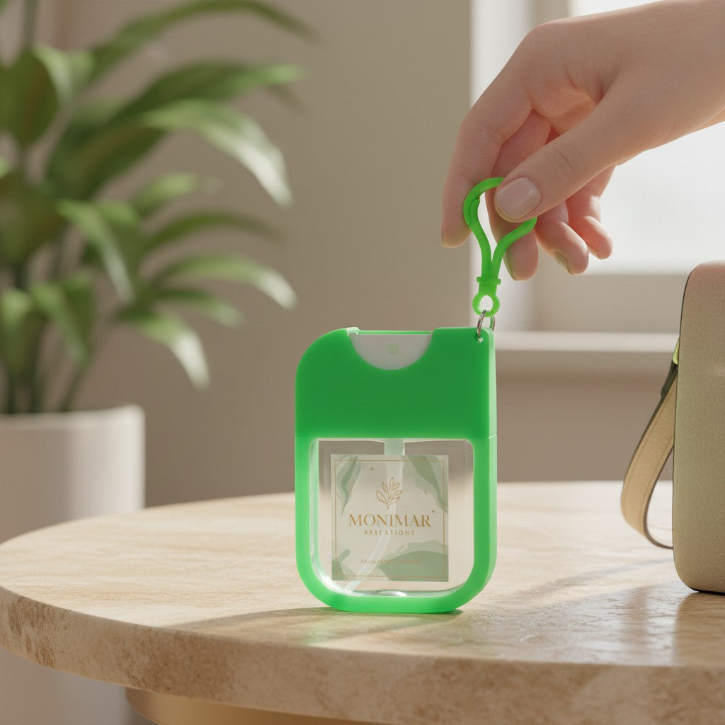 monimarkreations hydrating hand sanitizer in a bright green travel-sized spray bottle with a convenient clip