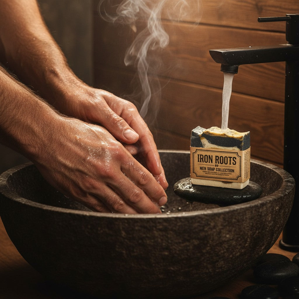 Monimar Kreations rustic handmade soap bar with layers of cream, brown, yellow, and dark grey, featuring kaolin clay and turmeric.