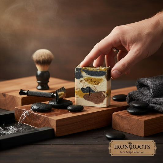 Monimar Kreations rustic handmade soap with layers of cream, brown, yellow, and dark grey, featuring kaolin clay and turmeric.