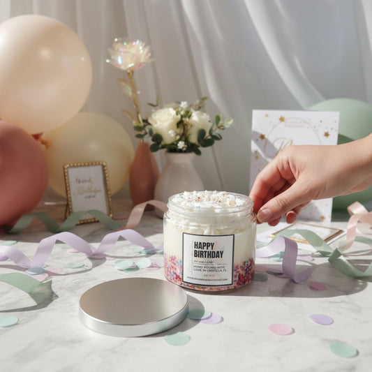 Monimar Kreations Happy Birthday Confetti soy candle with vanilla cake frosting and sprinkles.