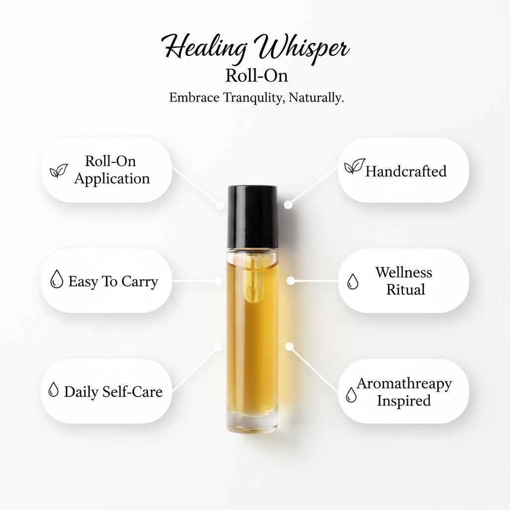monimarkreations Healing Whisper Roll-On, a small glass bottle with black cap containing golden oil, held by a hand over a cream bag.
