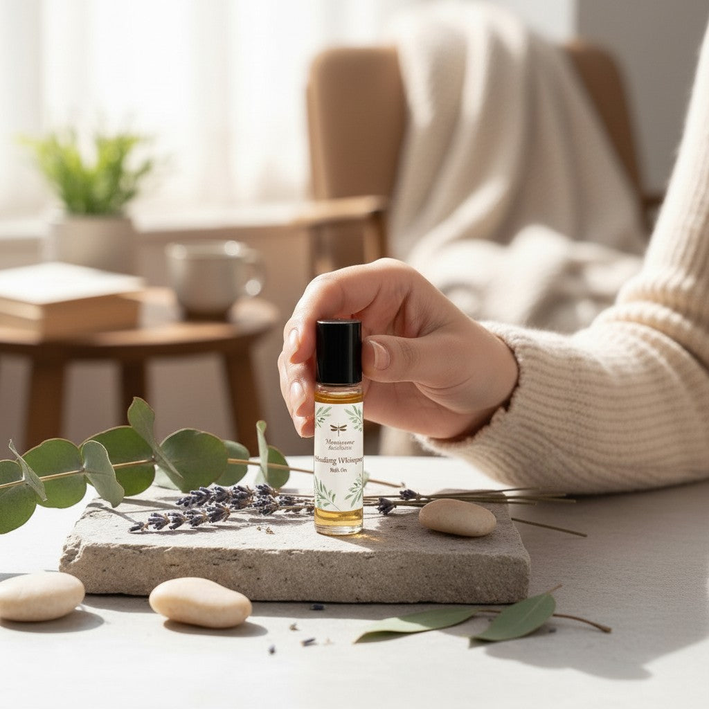 Monimar Kreations Healing Whisper roll-on with botanical oils and vitamin E for soothing dry, stressed, or irritated skin.
