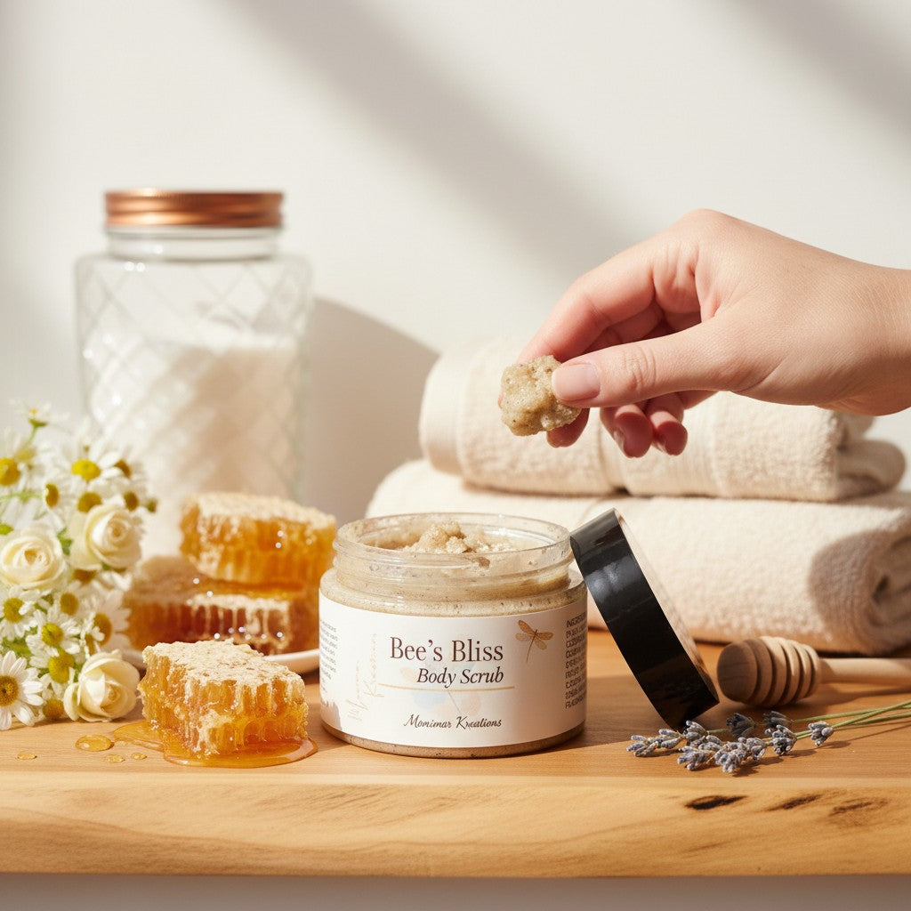 monimarkreations Honey & Oats Body Scrub with visible oats and brown sugar texture.