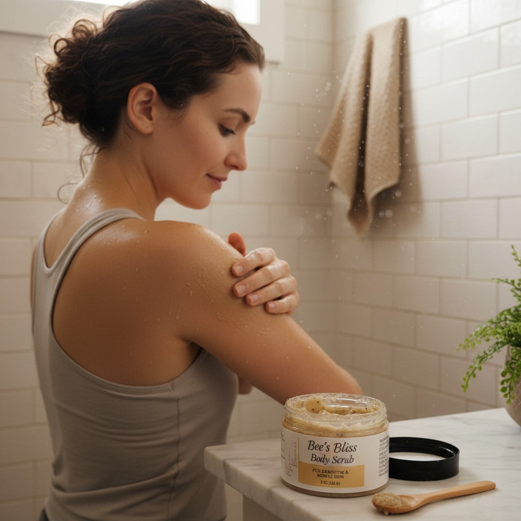 monimarkreations Honey & Oats Body Scrub with visible oats and brown sugar for gentle exfoliation.