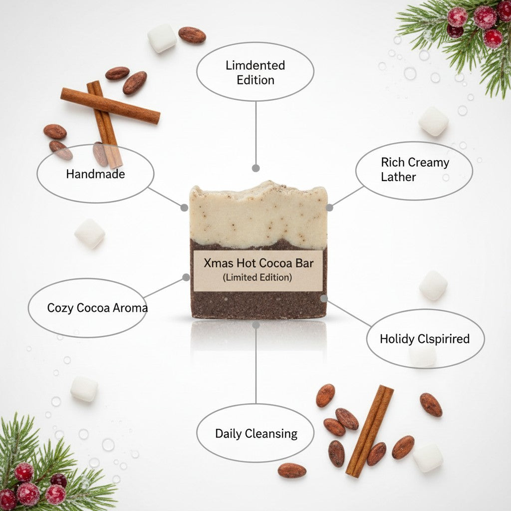 monimarkreations Xmas Hot Cocoa Bar, a two-toned handmade soap with white and dark brown layers, presented with a drawstring bag.