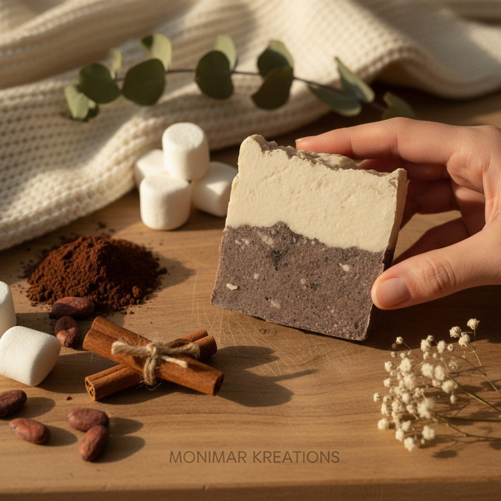 monimarkreations Xmas Hot Cocoa Bar soap, a two-toned bar with creamy white and dark brown layers, in a drawstring bag.