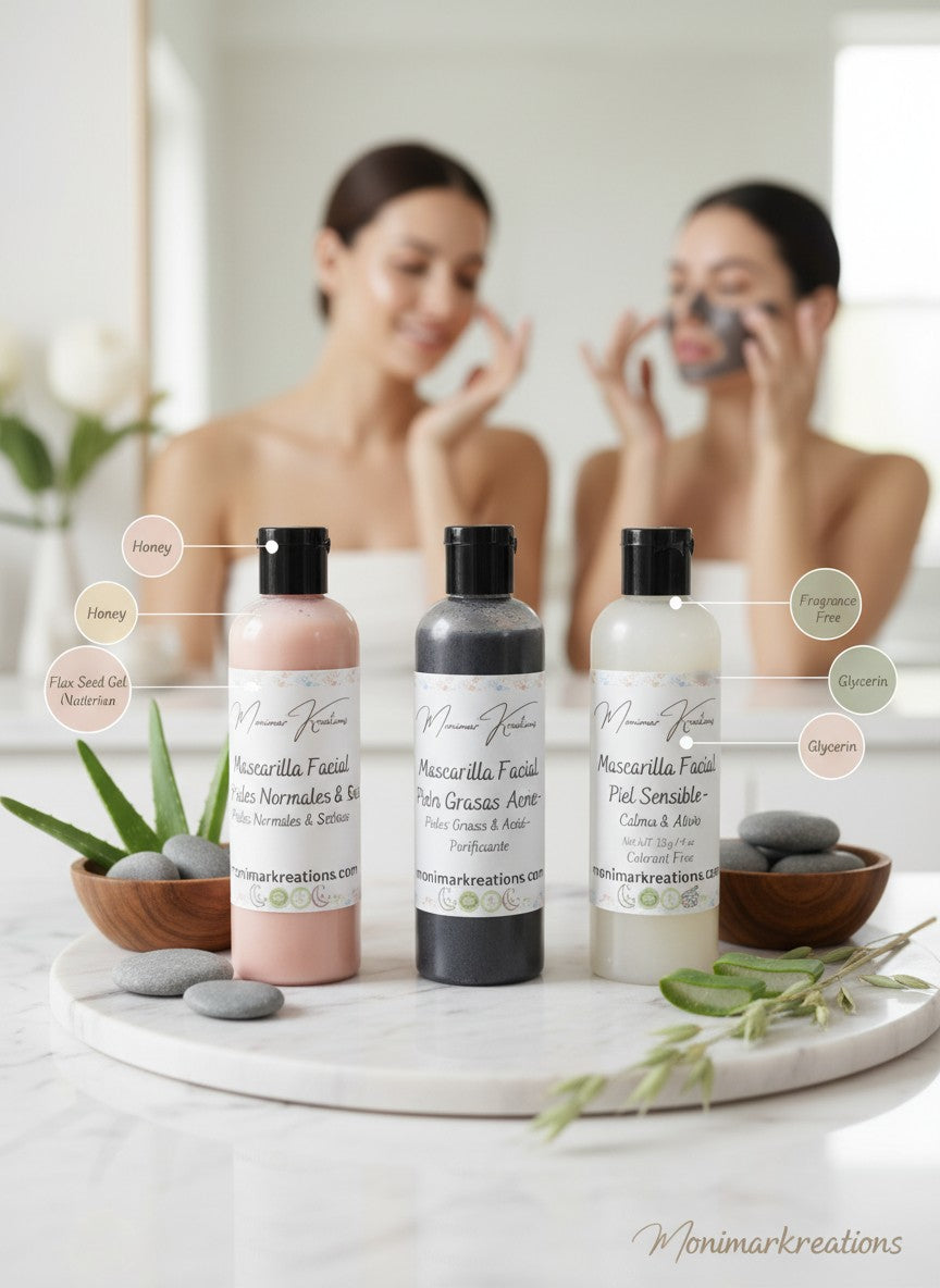 Monimar Kreations hydrating face masks in pink and charcoal for anti-aging and acne-prone skin.