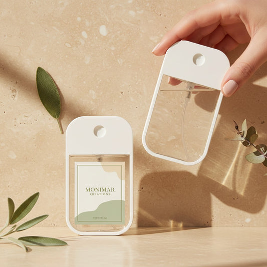 monimarkreations hydrating hand sanitizer spray in a clear, flat bottle held by a hand against a stone background.