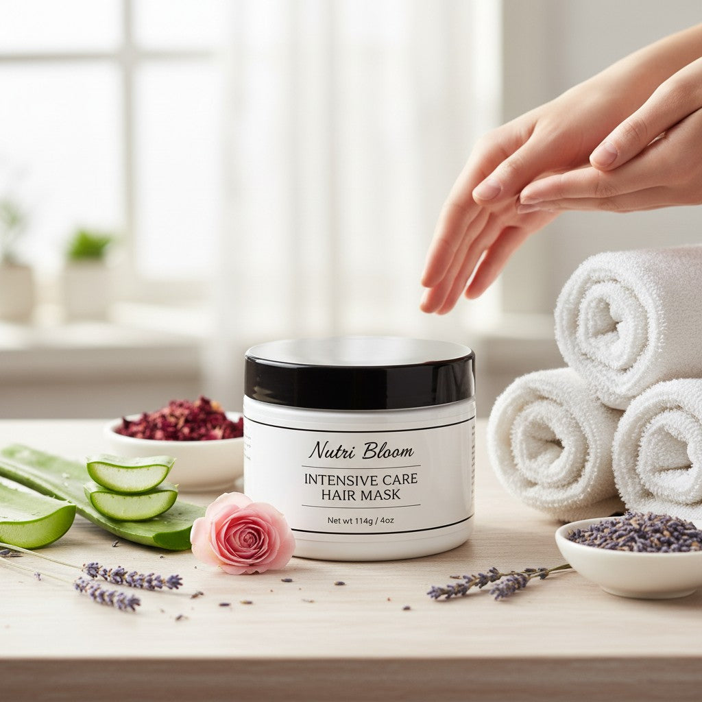 monimarkreations Intensive Care Hair Mask in a white jar with a black lid, surrounded by aloe vera, dried rose petals, and lavender.