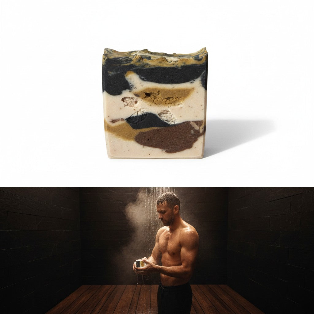 Monimar Kreations Iron Roots Men Soap Collection, layered rustic bar with grey, white, yellow, and brown swirls. Handmade.