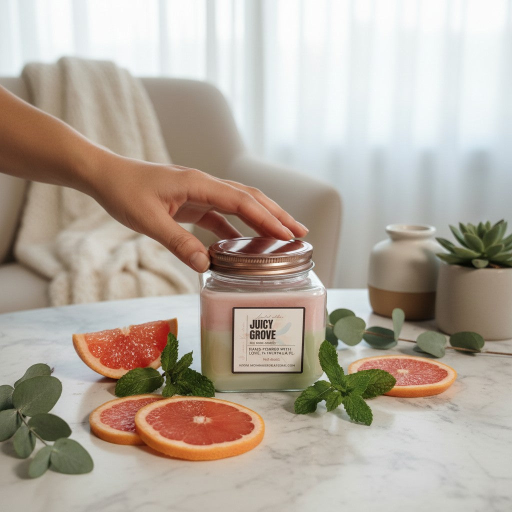 Monimar Kreations Juicy Grove limited edition soy wax candle with pink and green layers. 15 oz.