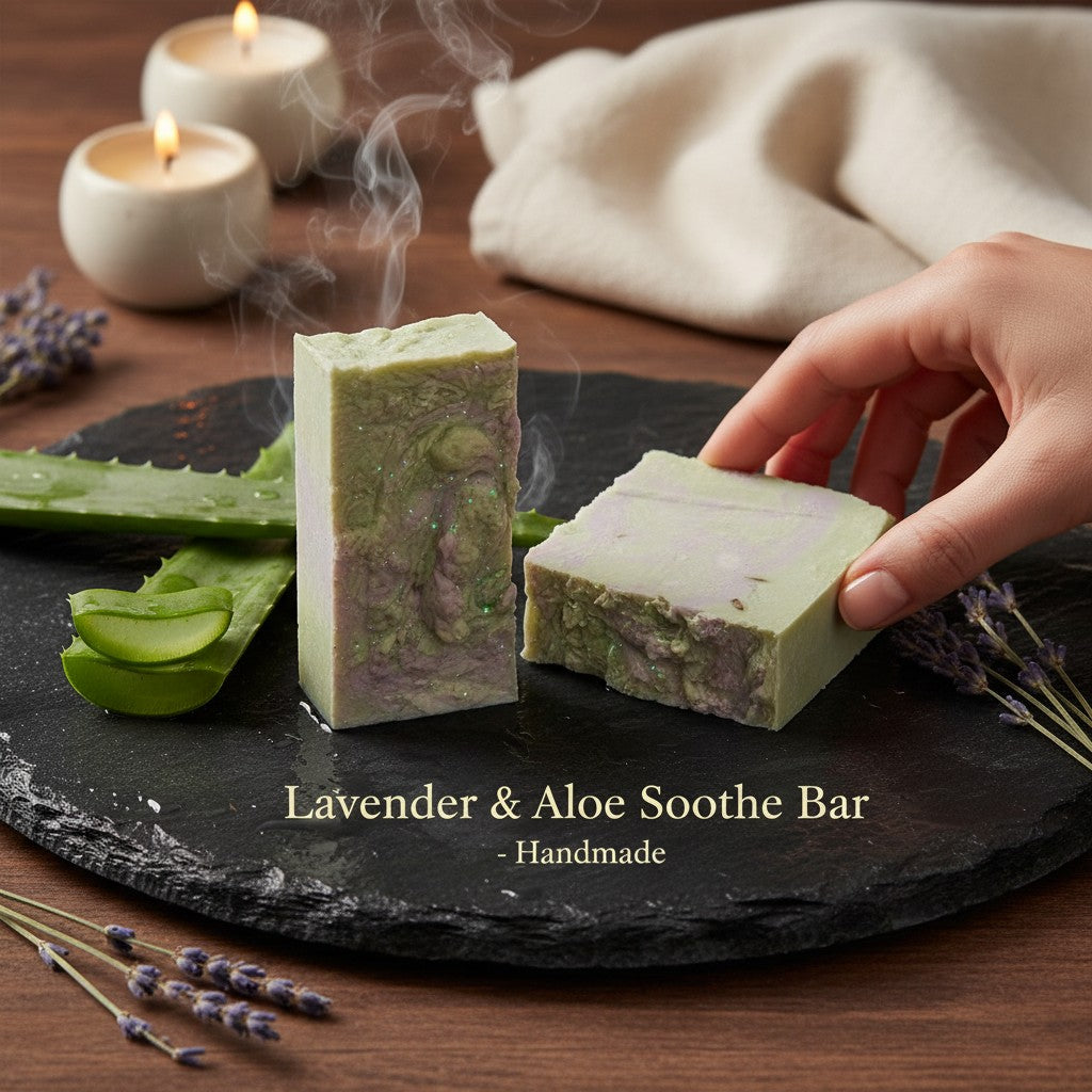 monimarkreations Lavender & Aloe Soothe Bar, a handcrafted soap with lavender and aloe vera, featuring a marbled green and purple design and intricate embossed pattern.