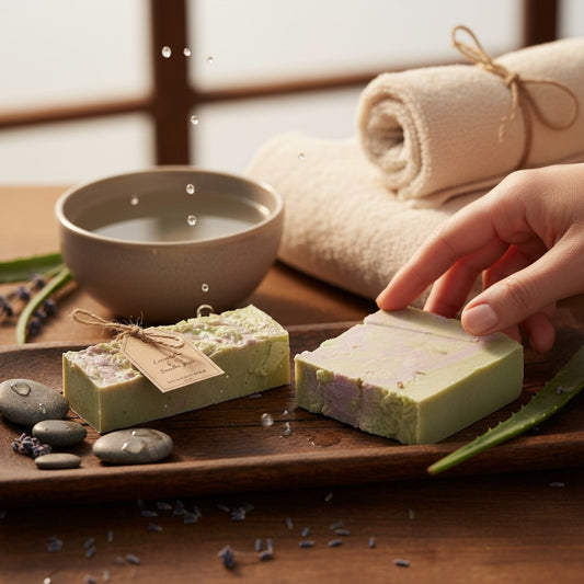 monimarkreations Lavender & Aloe Soothe Bar, a handcrafted soap with lavender and aloe vera, featuring a marbled green and purple design with subtle glitter.