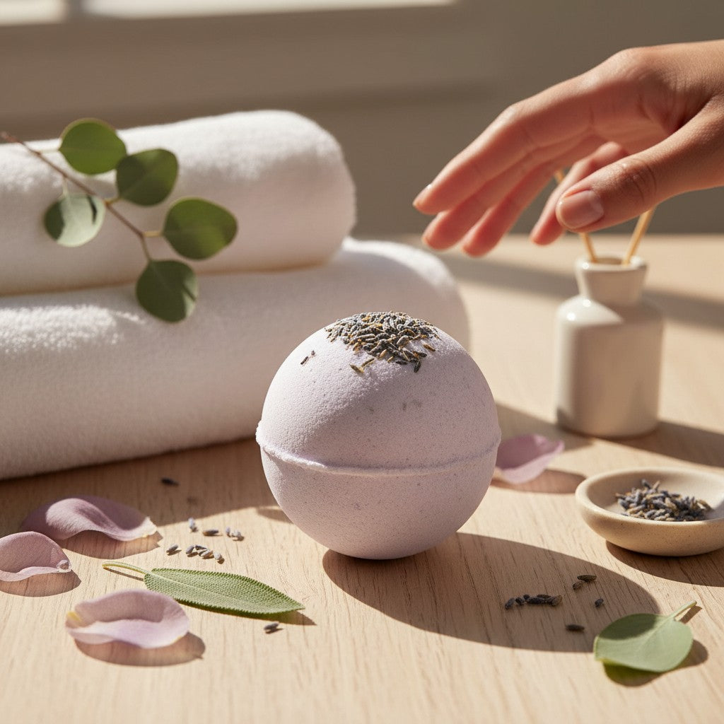 monimarkreations Lavender Dreams bath bomb, a pale purple sphere with dried lavender buds on top, next to a bouquet of fresh lavender.