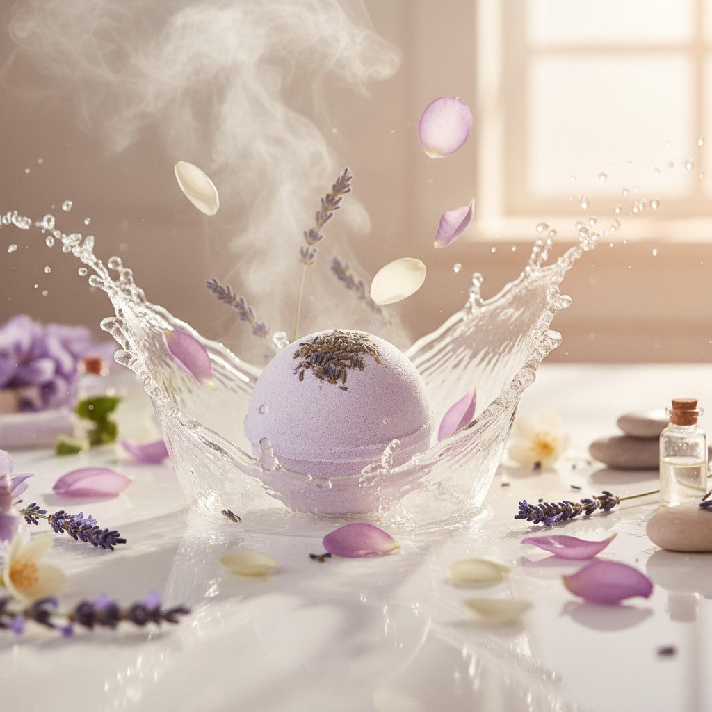 monimarkreations Lavender Dreams bath bombs with dried lavender buds on a white surface.