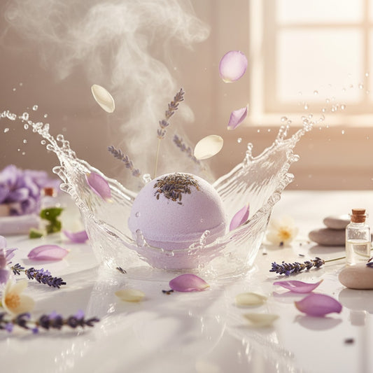monimarkreations Lavender Dreams bath bombs with dried lavender buds on a white surface.