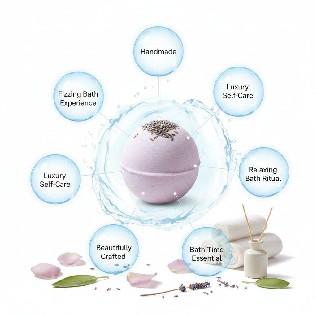 monimarkreations Lavender Dreams bath bomb, a light purple sphere topped with lavender buds, surrounded by rose petals and eucalyptus leaves.