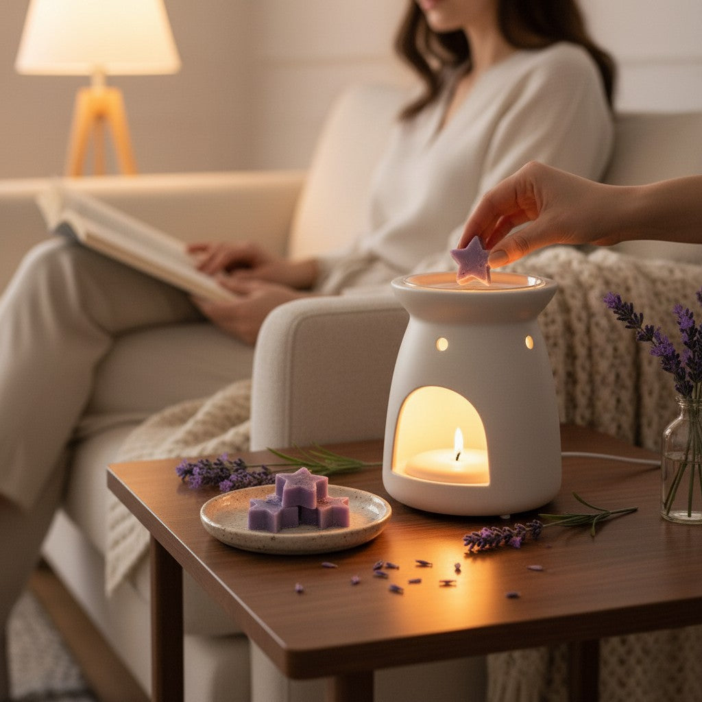 Monimar Kreations Lavender Dreams star-shaped soy wax melts in a brown pouch with a clear window.