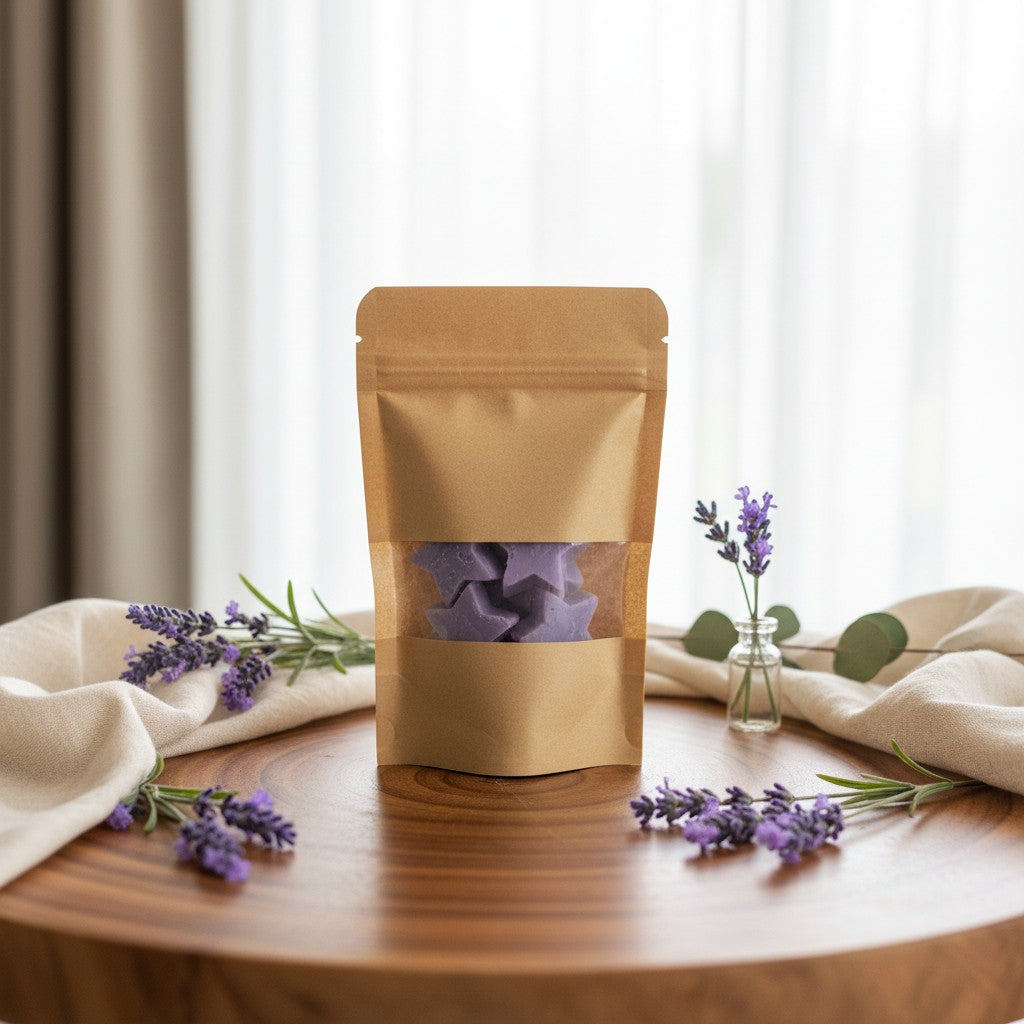 monimarkreations Lavender Dreams star-shaped soy wax melts in a brown pouch with a clear window.