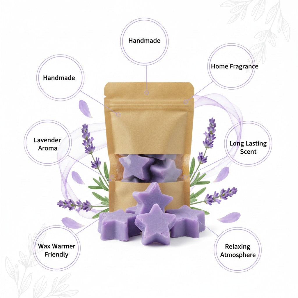 monimarkreations Lavender Dreams star-shaped soy wax melts in a brown pouch with a clear window.
