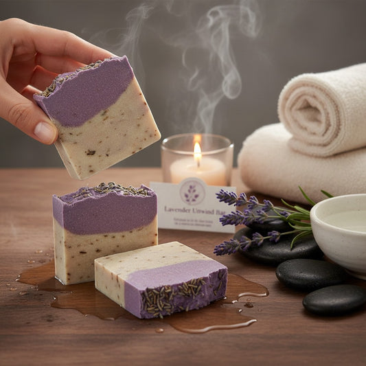 monimarkreations Lavender Unwind Bar, a handcrafted soap with lavender-infused olive oil and kaolin clay. Features two layers: a creamy beige base with visible lavender buds and a textured purple top layer.