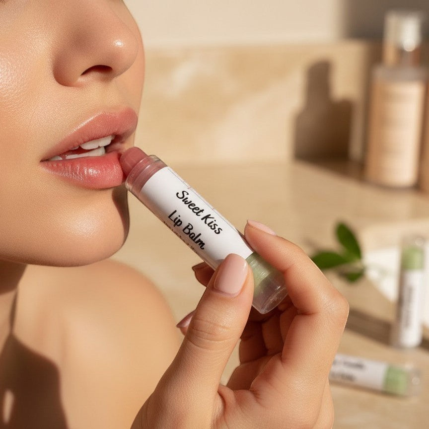monimarkreations lip balms in Minty Vanilla, Sweet Kiss, Lavender & Lemonade, and Pi00a Colada flavors. Nourishing formula.