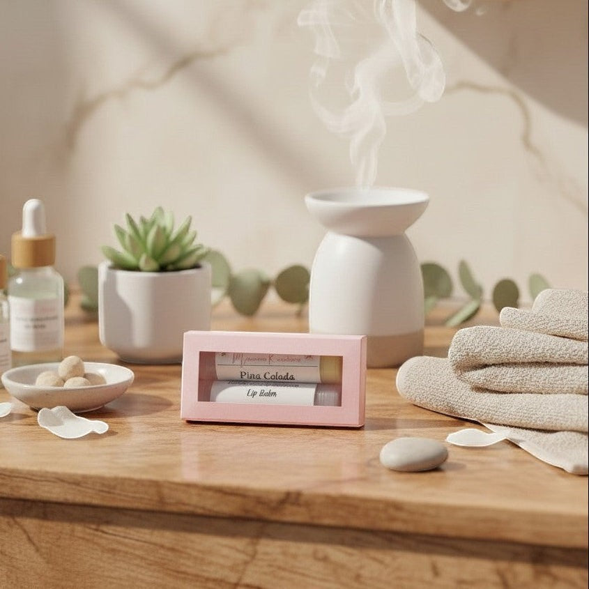 monimarkreations Lip Balm duo in a pink gift box, featuring Pina Colada and a classic Lip Balm.