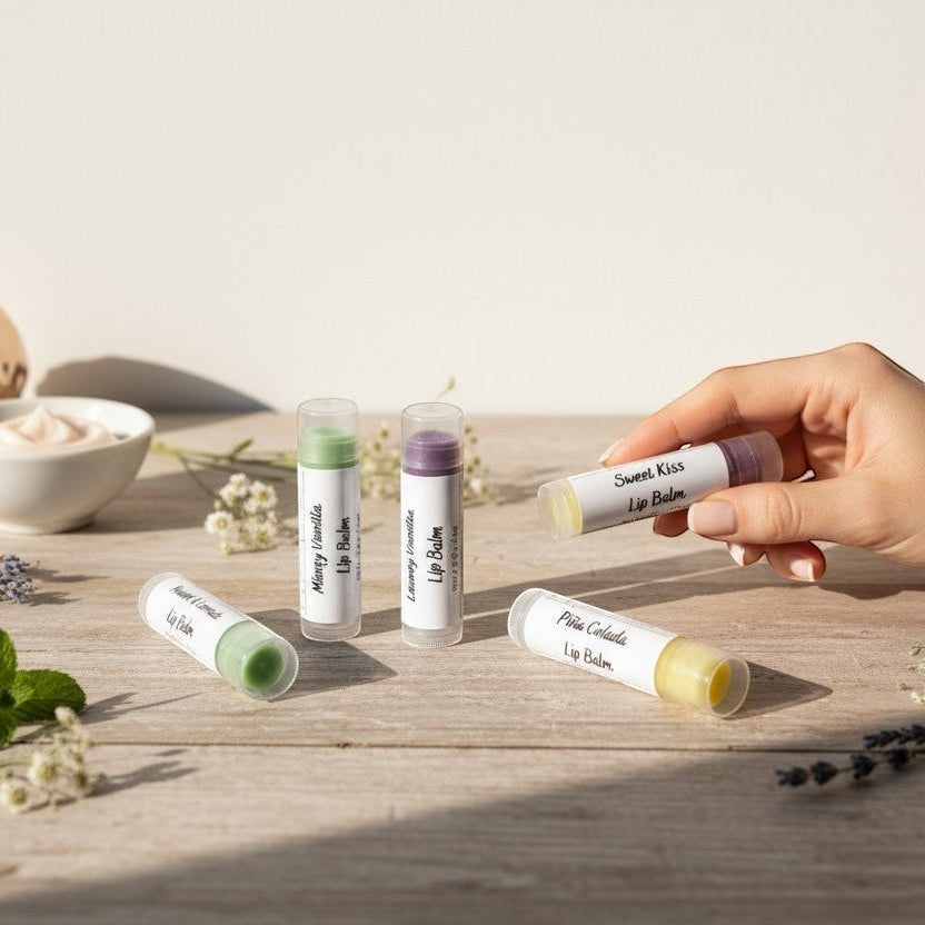 monimarkreations lip balms in various flavors, including green, purple, and yellow tints, in clear tubes.