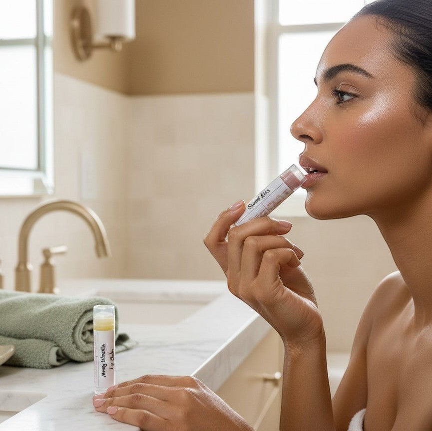 monimarkreations lip balms in Minty Vanilla, Sweet Kiss, Lavender & Lemonade, and Pi00a Colada flavors. Nourishing formula for soft, hydrated lips.