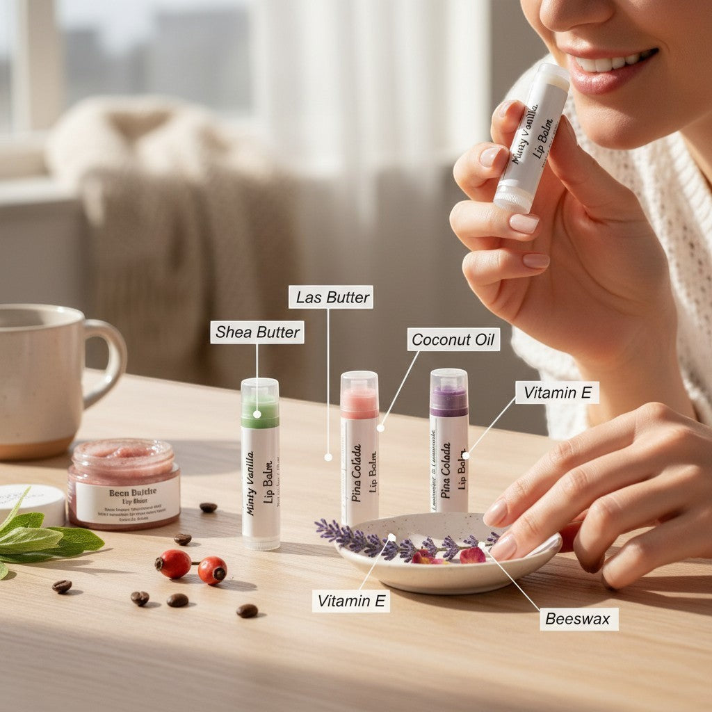 monimarkreations Minty Vanilla, Pina Colada, and Lavender & Lemonade lip balms in tubes with green, pink, and purple tinted balms.