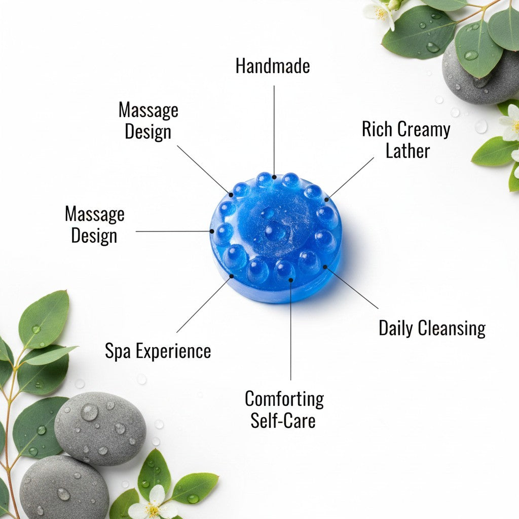 monimarkreations blue and teal massage soap bars with textured surfaces and rich lather.