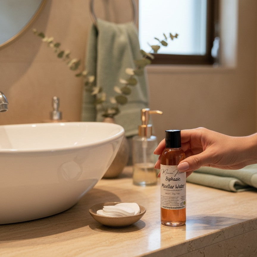 monimarkreations Biphasic Micellar Water for combination/oily/acne-prone skin, 4 oz bottle.