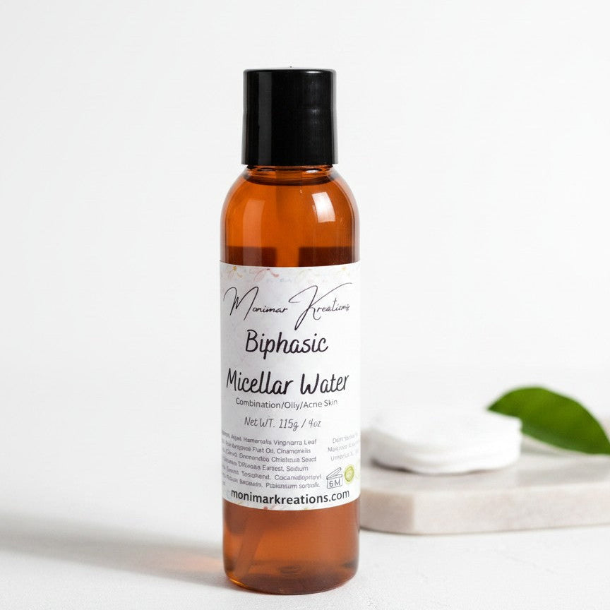 monimarkreations Biphasic Micellar Water for combination/oily/acne-prone skin, 4 oz bottle.