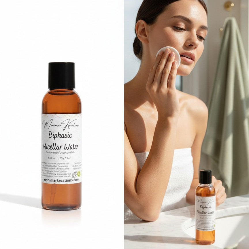 monimarkreations Biphasic Micellar Water for combination/oily/acne-prone skin, 4 oz bottle.